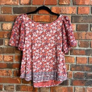Lucky Brand womens floral flutter sleeve back cutout boho top coral S